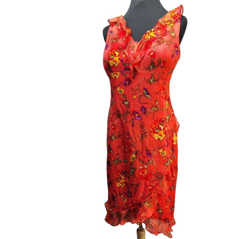 Vtg Chetta Silk Ruffle Dress Red Floral Whimsigoth Fairy Coquette Cocktail Sz 8
